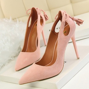 3168-9 han edition show thin thin and sexy high-heeled shallow mouth after pointed suede hollow-out bowknot tassel women