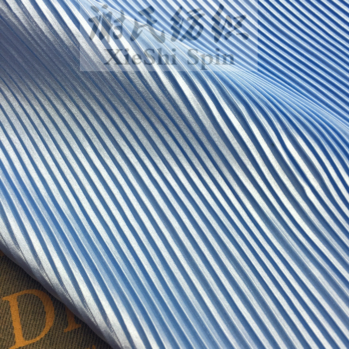 天蓝色细条纹风琴褶压皱百褶仿真丝色丁 电光半身裙面料色丁面料