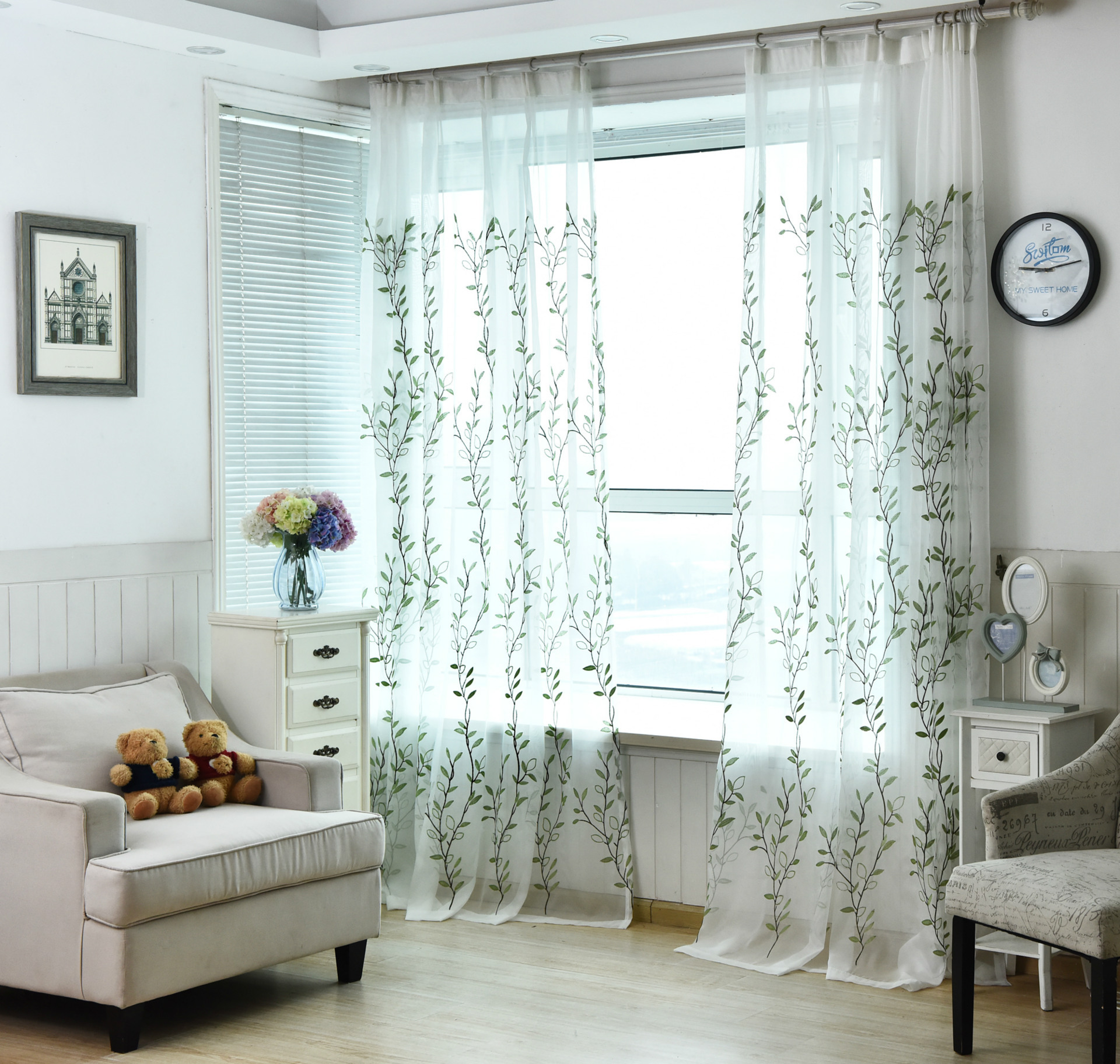 Modern Korean-style pastoral willow leaf striped gauze embroidery living room bedroom floor-length willow striped embroidered gauze