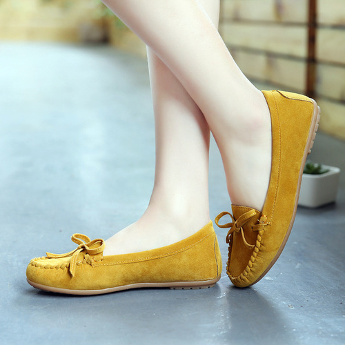 2019 New European and American Bowknot Tassel Cowhide Soft Bottom Flat Low Heel Single Shoes Round Toe Bean Shoes Pregnant Women's Shoes 