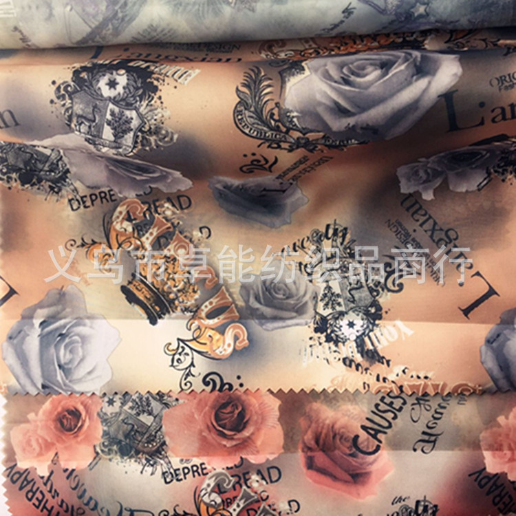 厂家直销 印花色丁布料 外贸批发涤纶布 大花面料批发