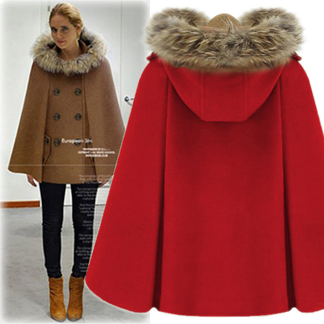 Hooded wool collar wool Cape wool coat