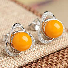 波罗的海琥珀蜜蜡925银镶嵌圆珠耳钉 防过敏耳饰