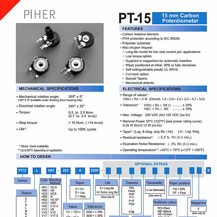 piher可调电位器PT15LV17-504A2020-S/piher可调电阻一级代理