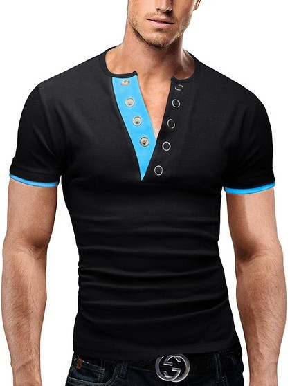 Foreign trade hot new men's short sleeve T-neck color matching button design Short Sleeve slim half open T-shirt DT15