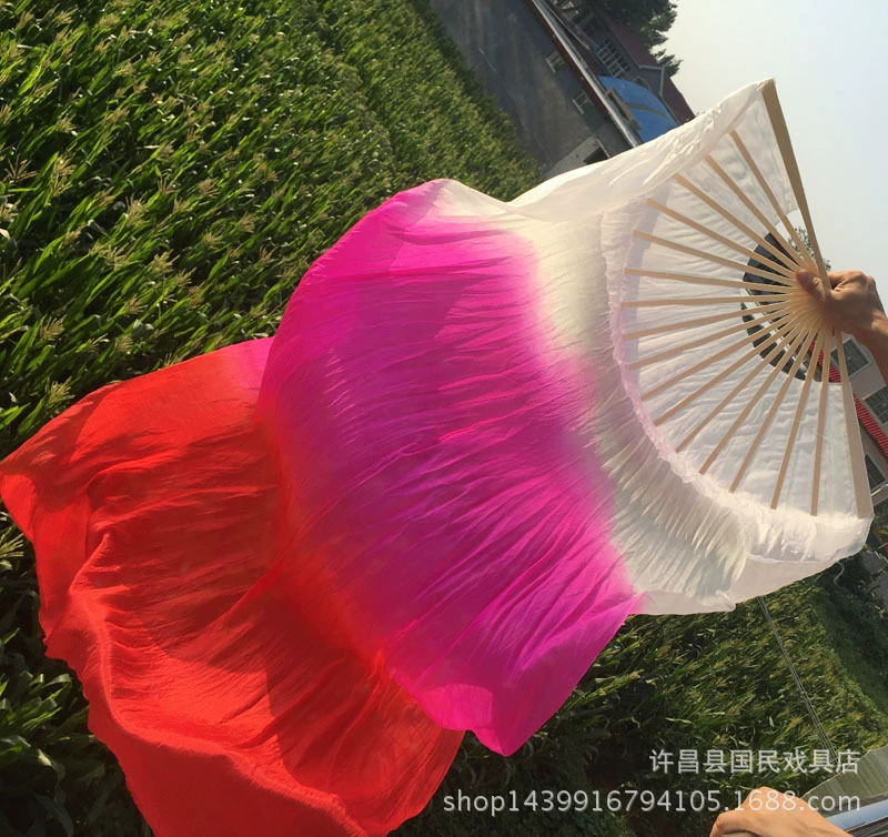 Шелковый веер для танца живота, двойной удлиненный веер, трехцветный длинный шелковый веер, длинный шелковый веер