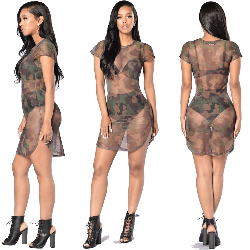 Camouflage Mesh Sexy Dress See through Short Sleeve High Fork  Dress in Dresses