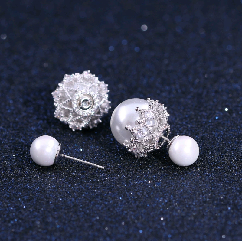 серебряная игла из жемчуга, двусторонние серьги, цирконий, проба серебро 925, корейский стиль, простой и элегантный дизайн, микро инкрустация