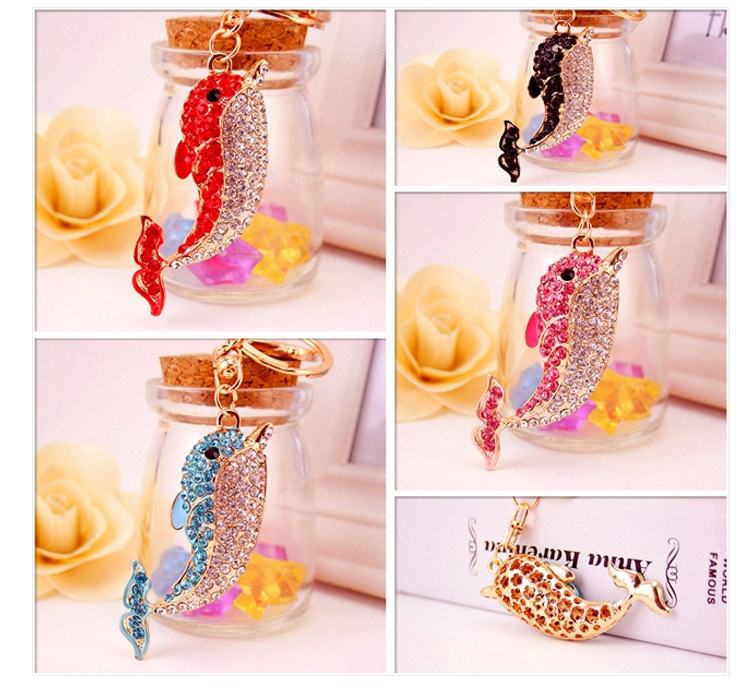 34g Weight Alloy, Metal Material Animal Pattern Unisex Gender Pink, Red, Blue, Black Color  Creative Cute Rhinestone Dolphin Keychain 1
