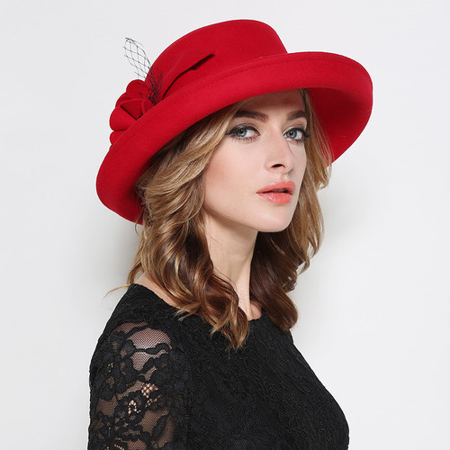 Party hats Fedoras hats for women Wool Hat Flower woollen cloth basin hat top grade hat hat for women