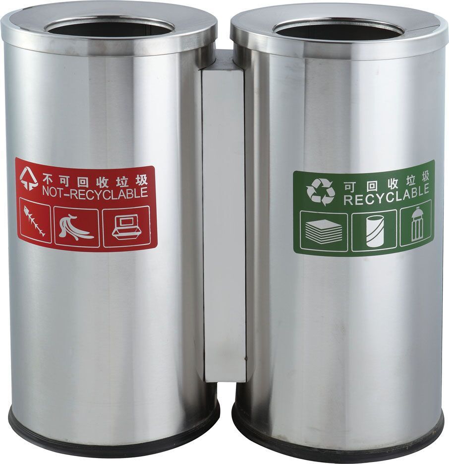港式分类户外垃圾桶 不锈钢圆形双桶 广场商场楼道分类连体垃圾桶
