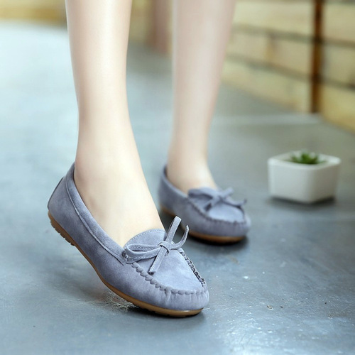 2019 New European and American Bowknot Tassel Cowhide Soft Bottom Flat Low Heel Single Shoes Round Toe Bean Shoes Pregnant Women's Shoes 