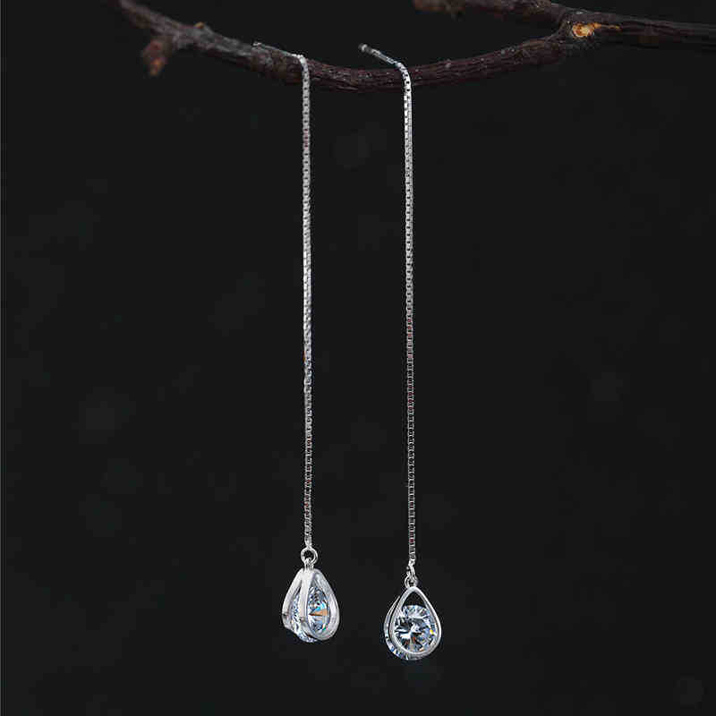 Pendientes de plata esterlina s925 estilo coreano moda gota de agua ZIRCON oído líneas pendientes de las mujeres