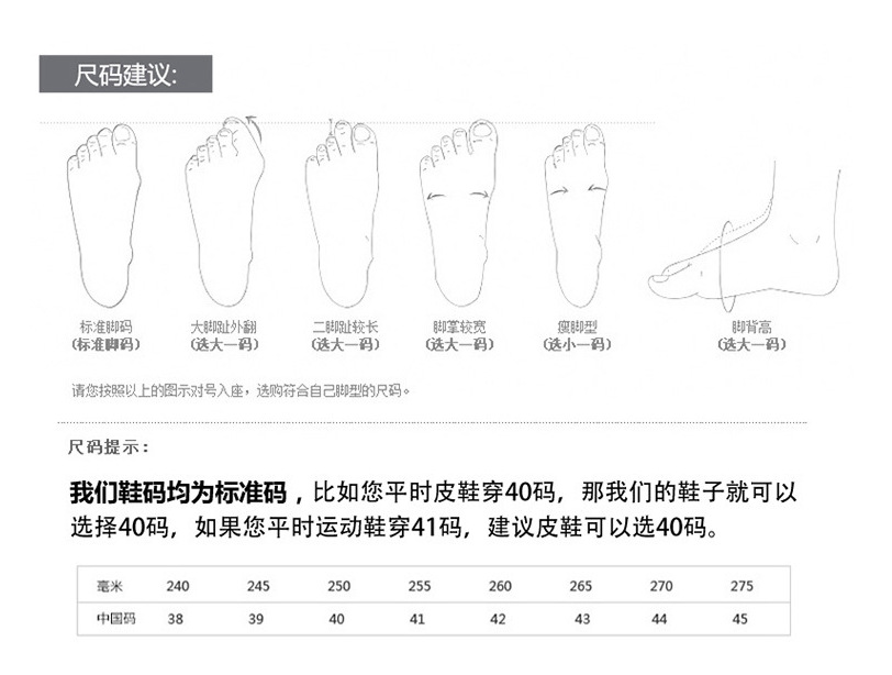 尺码对照