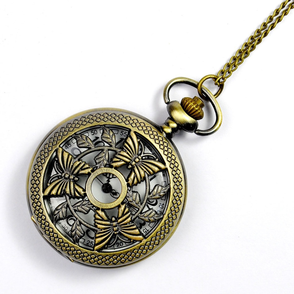 Cross-border Necklace Three Butterfly Cutout Pocket Watch Carved Flap Bronze Large Pocket Watch 8147