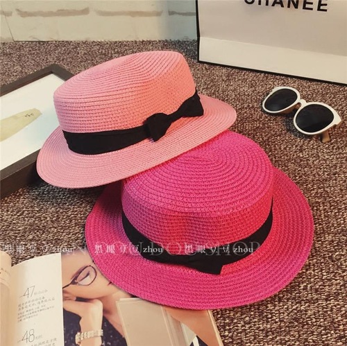 Korean-style round straw hat, sunshade beach hat, trendy summer hat with chili pepper bow, grass-woven flat top hat