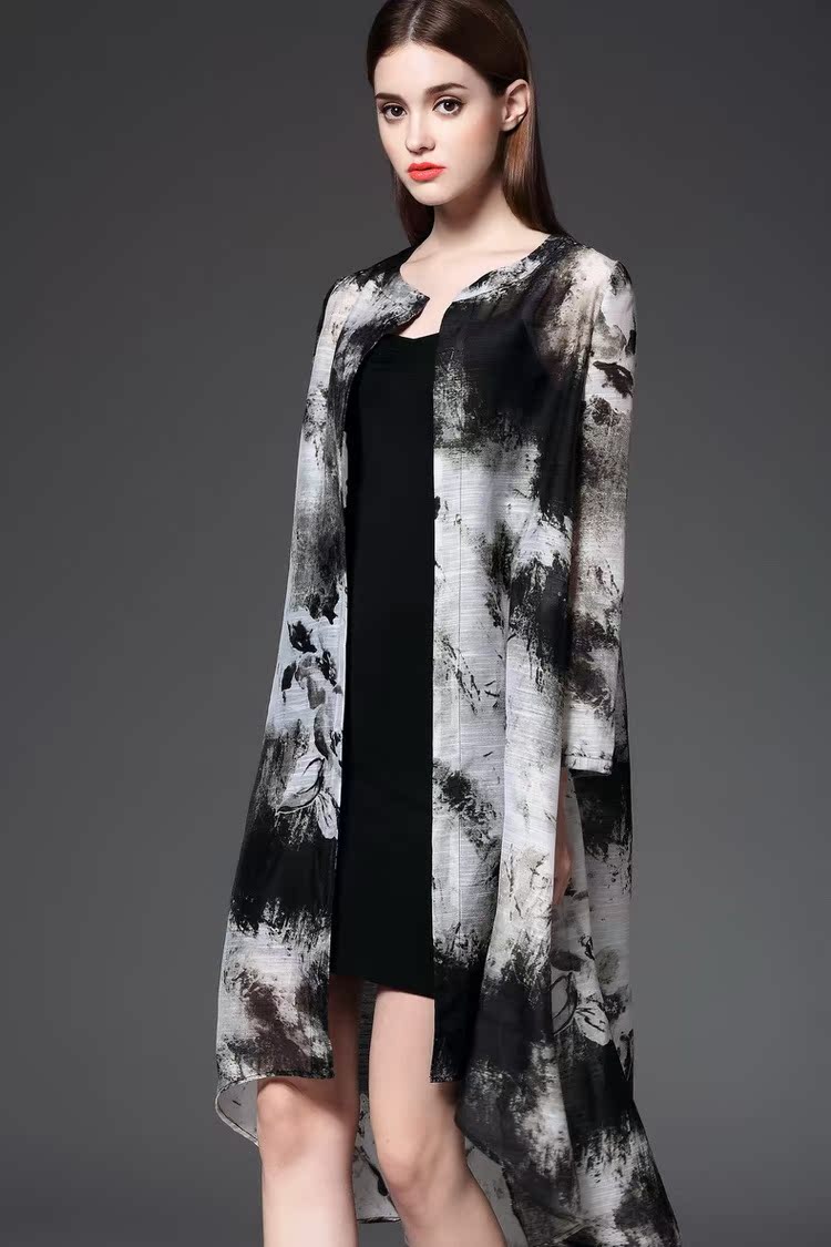 春夏新款 歐美復古 古典水墨印花拼接氣質薄外套