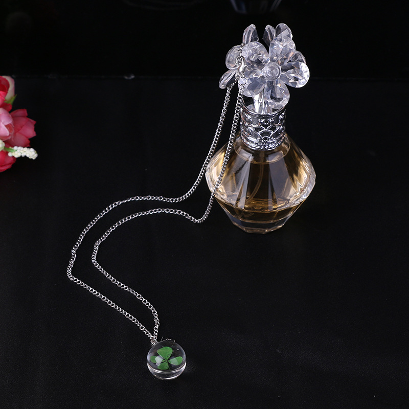 Handmade Dried Flower Glass Ball Necklace Four-Leaf Clover Lucky Pendant Gold Tone detail image 8