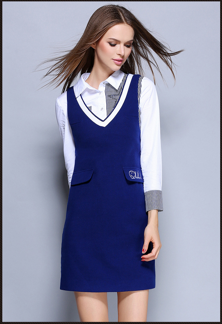 连衣裙-M1492条纹衬衣+呢子背带裙两件套-连