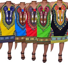 2016 亞馬遜標准碼 性感緊身民族風圖騰高彈力印花包臀吊帶連衣裙