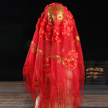婚庆结婚喜庆用品新娘大红桃心玫瑰花盖头刺绣流苏头巾披肩