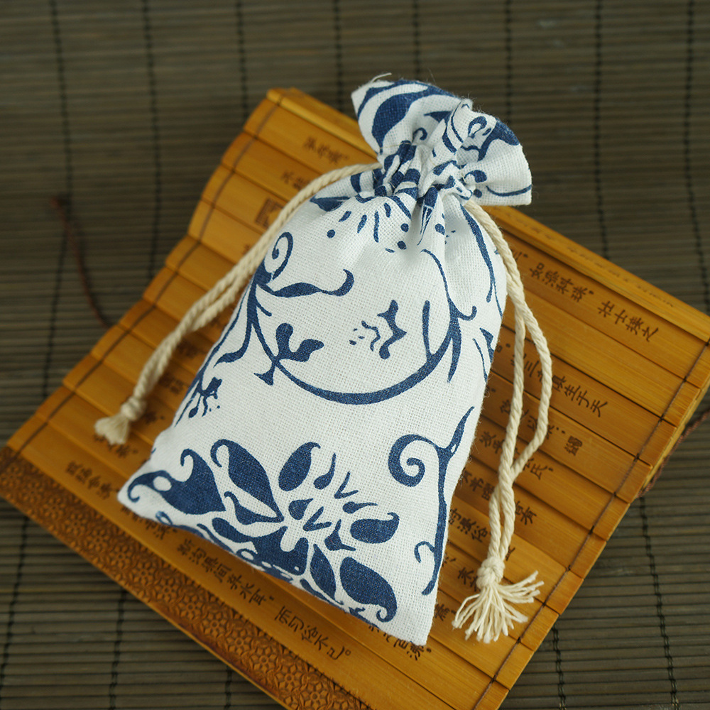 9*12cm 厂家中国风青花瓷棉麻帆布束口拉绳中药袋子饰品包装袋子