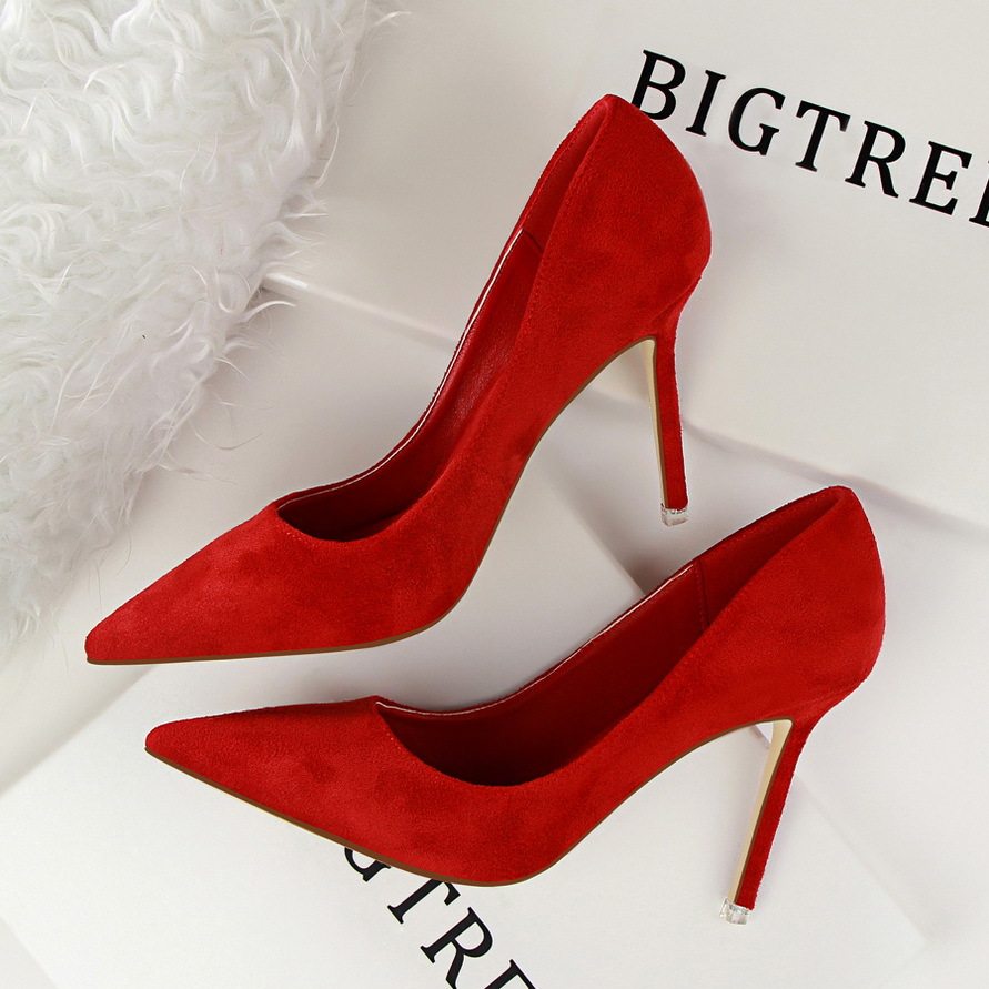 516-1 Korean Style Fashion Simple Stiletto High Heels Shallow Mouth Pointed Toe Suede Sexy Slimming Professional OL_vogvips.com
