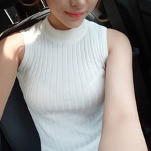 2016 新品 韩版时尚短款套头半高领无袖打底针织毛衣 A3815