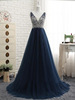 New deep blue long banquet dress double shoulder Korean bride wedding dresses