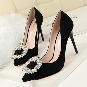 2586-16 han edition fashion show with ultra-high with shallow thin thin mouth pointed suede pearl diamond buckles women'