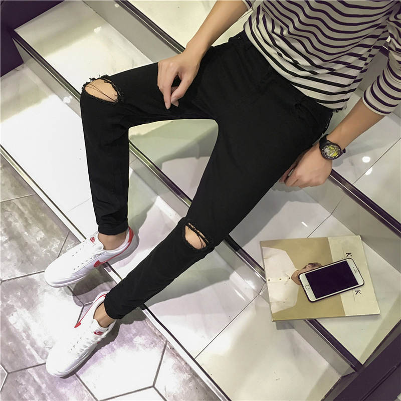 Quan Zhilong Same Style Jeans With Knee Hole Small Feet Black Tight Hole Pants Summer New Men's Trendy Hair