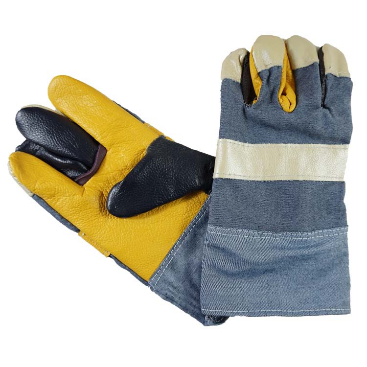 牛仔布家私皮彩色亮皮浅色全掌拼皮电焊焊工劳保海员加固拼接手套