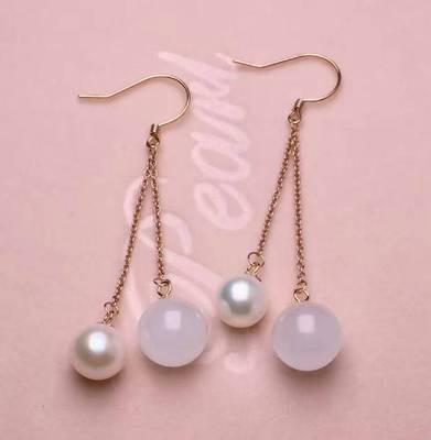 18K natural Qinghai White jade freshwater Pearl Earrings