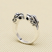 厂家批发S925纯银饰品双虎头戒指男士复古泰银创意简约开口指环
