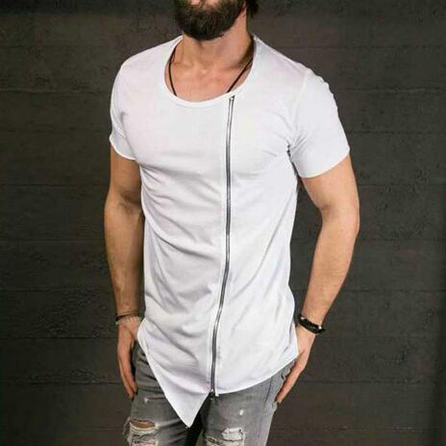 Men’s chest zipper high street short sleeve hip hop T-shirt with irregular bottom in spring and summer solid color top