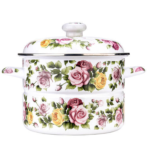 Manufacturer sells thickened enamel steamer, enamel flat bottom soup pot, dual-purpose steam pot, gas stove, induction cooker available