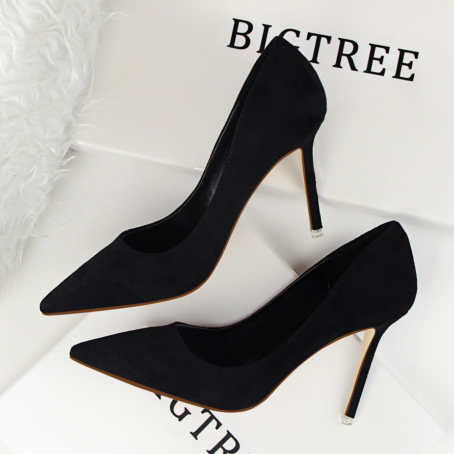 516-1 Korean Style Fashion Simple Stiletto High Heels Shallow Mouth Pointed Toe Suede Sexy Slimming Professional OL_vogvips.com