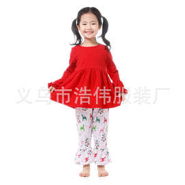 女童圣诞节款优质棉舒适套装 欧美外贸节日童装两件套 厂家直销