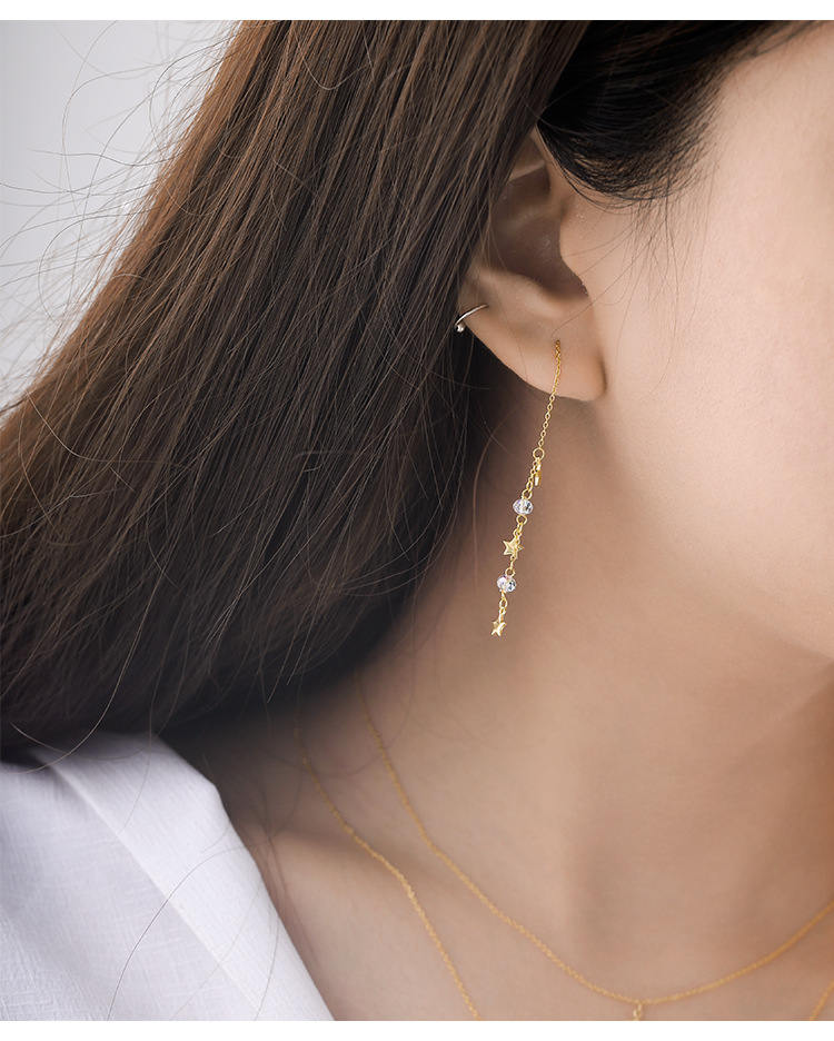 S925 pendientes de plata larga estrella cristal borla pendientes estilo coreano joyería de plata esterlina
