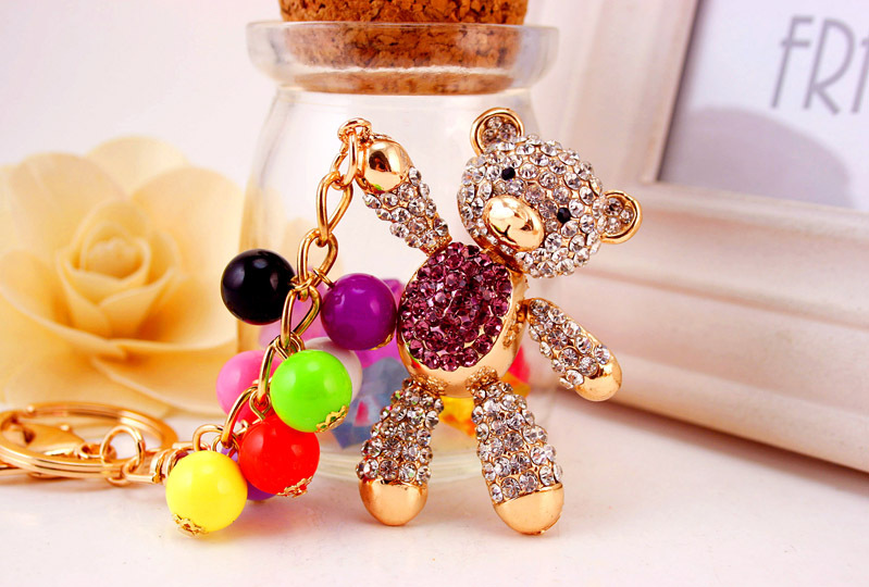 49g Weight Travel Occasion Alloy, Metal Material Doll Pattern Unisex Gender Pink, Purple, Red, Blue, Peach Color Korean  Creative Cute Diamond Cartoon Bear Car Keychain 15