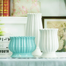 【轻欧式】生产批发供应白色蓝色陶瓷花瓶三件套 蓝色小号