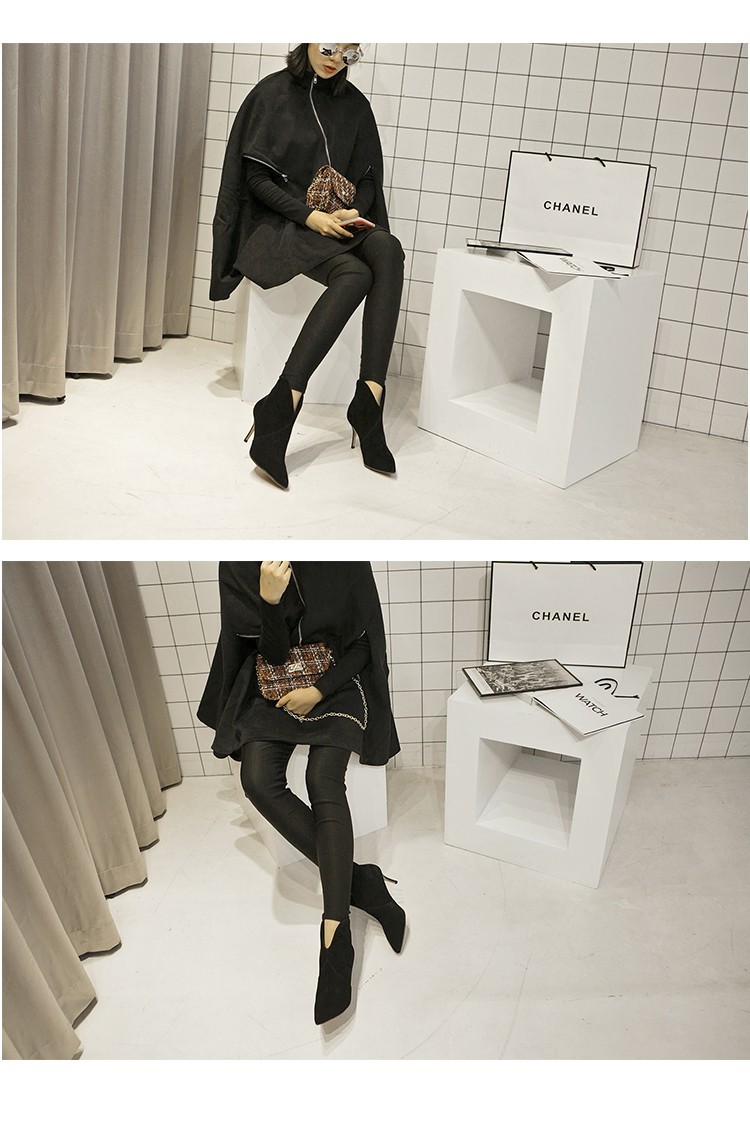 韩版尖头高跟短靴女真皮裸靴秋冬短筒靴子及踝靴冬季细跟高跟鞋_