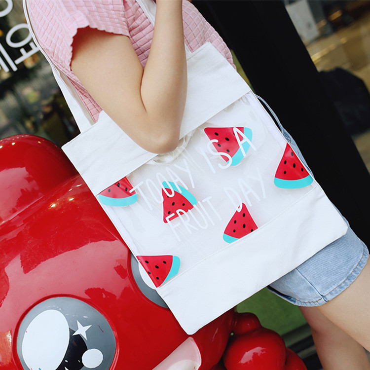 Korean Edition 2019 Autumn new pattern Like a breath of fresh air fashion Female bag fruit Mosaic canvas Shopping bag jelly Beach Bag