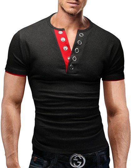 Foreign trade hot new men's short sleeve T-neck color matching button design Short Sleeve slim half open T-shirt DT15