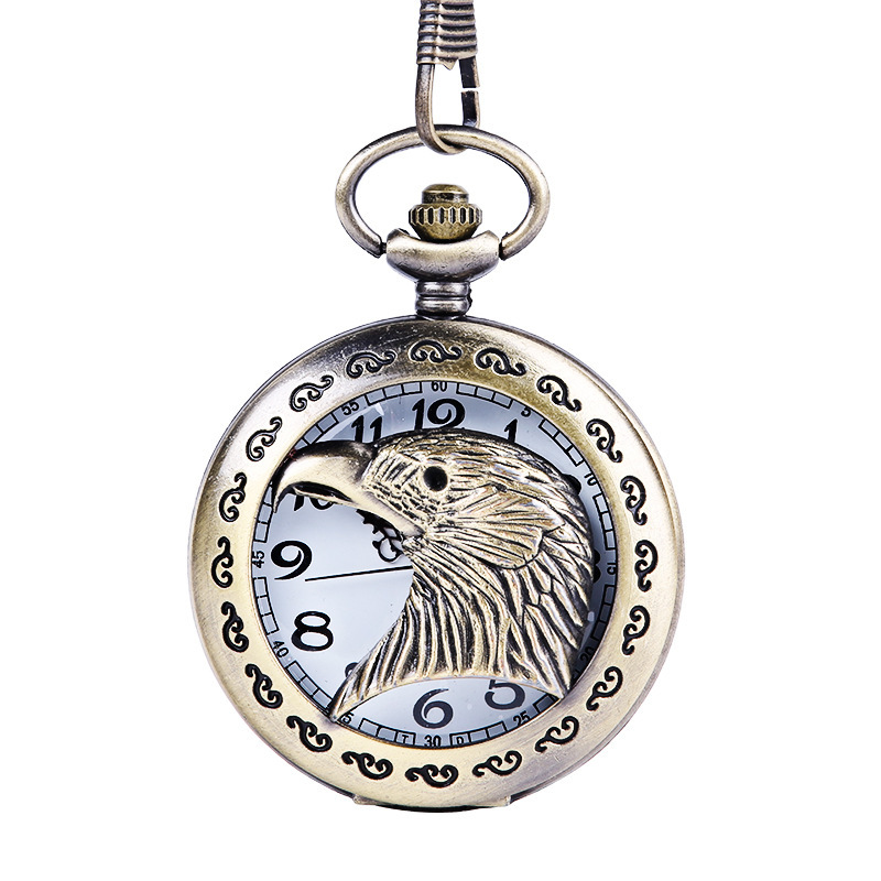 Large thick chain lace engraved eagle head white face vintage pocket watch simple hollow pocket watch manufacturers wholesale 8837