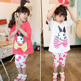 跨境 韩版2021夏季可爱女童兔子短袖套装 儿童卡通套装批发