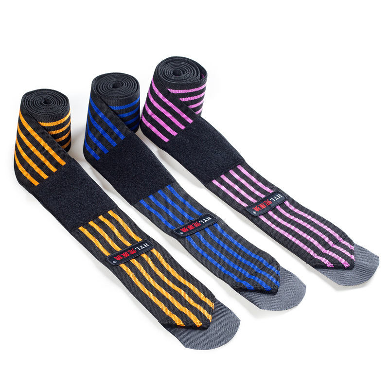 运动绷带护膝条纹举重缠绕加压护腿健身训练篮球膝盖绑带护具批发