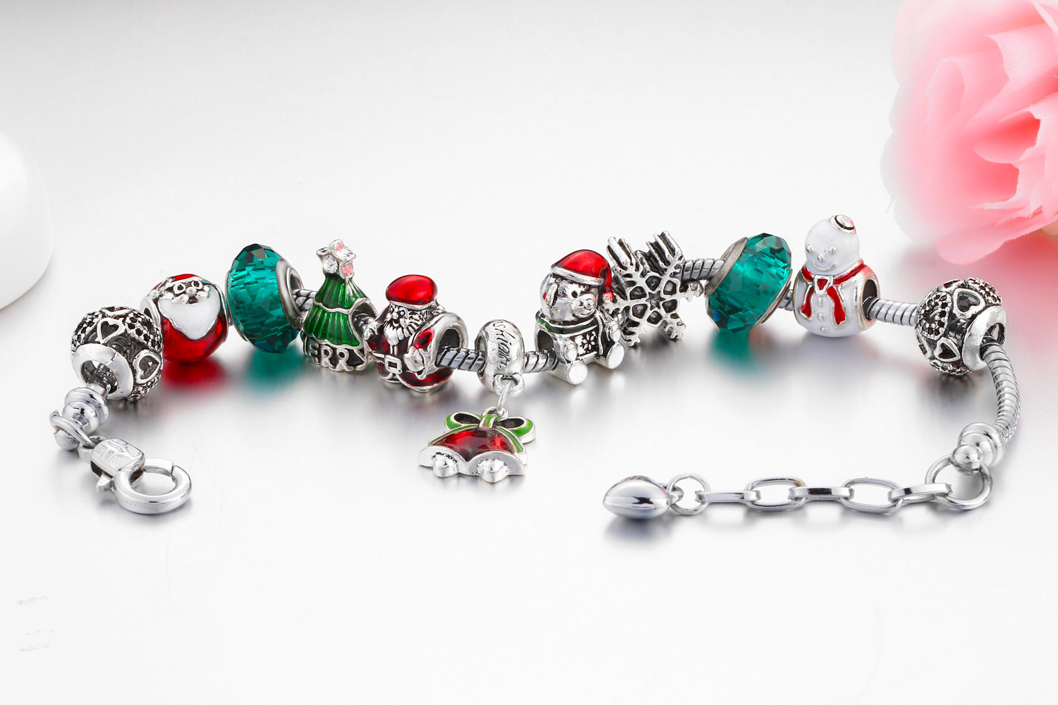 Weihnachtsarmbänder mit Perlen, Zinklegierung, galvanisiert, Öltropfen, Weihnachtsmann, Kristallglocke_voghion.com