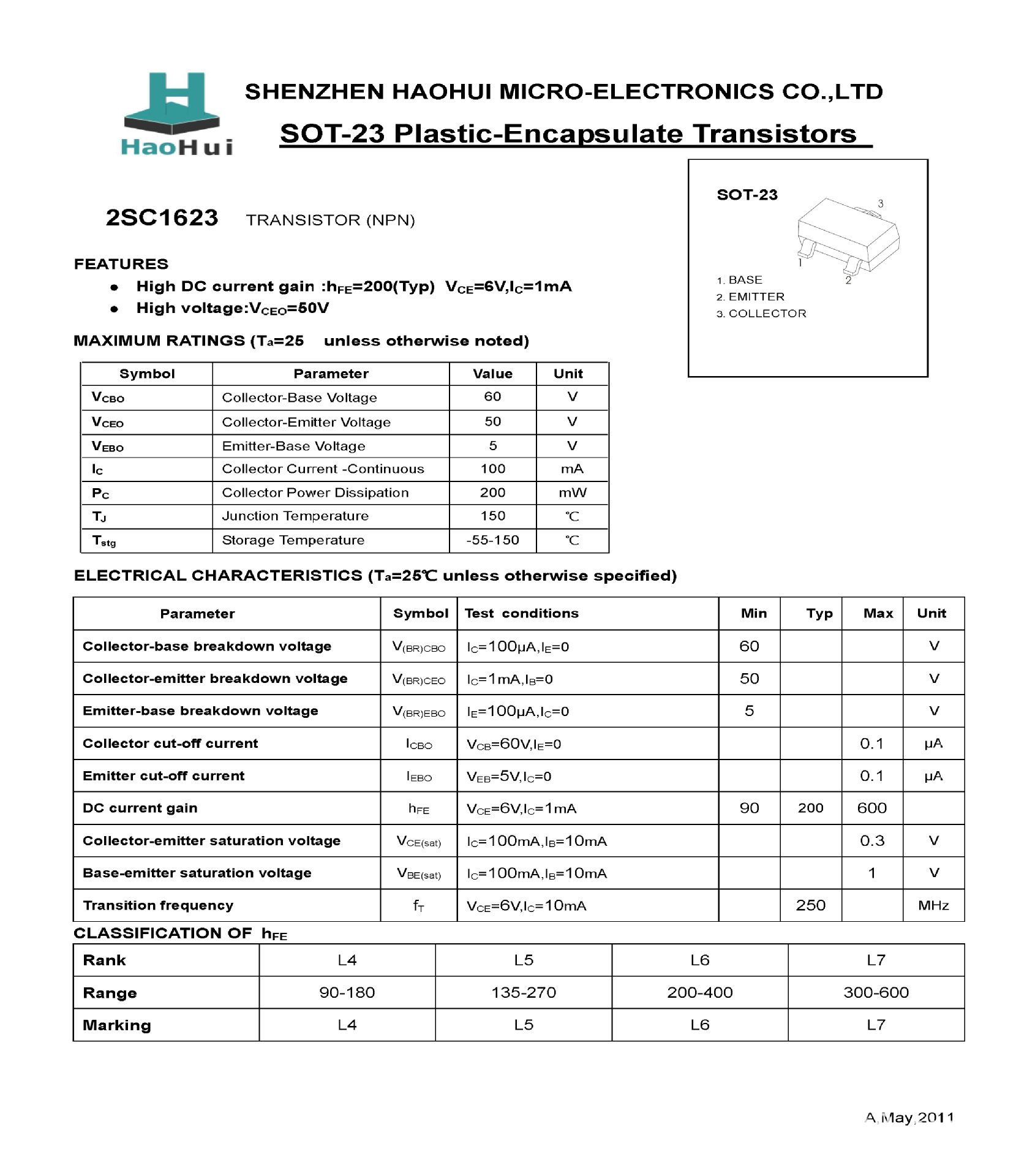 工厂供应贴片2SA1623 （L6)   SOT-23贴片三极管现货热销