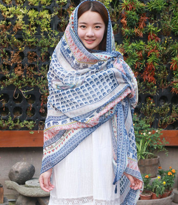 2019春夏新款棉質圍巾複古民族風幾何印花絲巾挂須度假沙灘遮陽巾